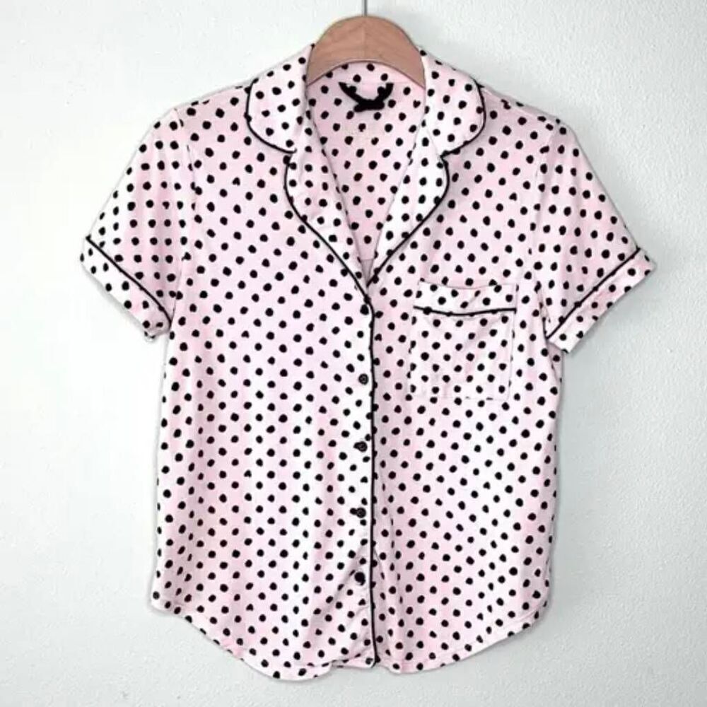 Kate Spade Pajama Top Womens XL Pink Polka Dot Notch Collar Short Sleeve Stretch